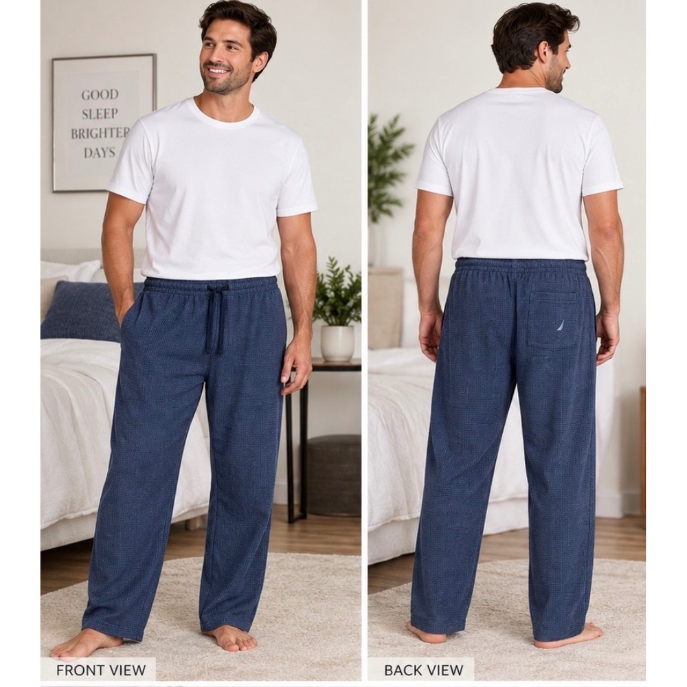 Nautica Mens Blue Waffle Knit Pajama Pants XL Cotton Sleepwear Lounge Bottoms